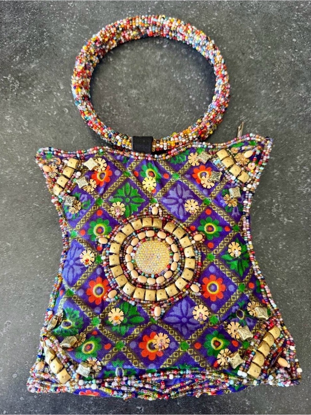 Beaded Floral Pattern Evening Wristlet in Purple Multicolor